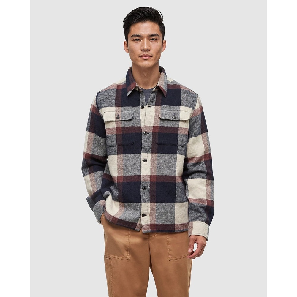 10 Deep Blue Cream Burgundy Plaid Flannel Shirt Jacket Men's Size S
